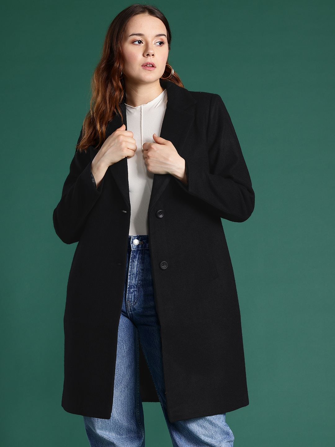 

DressBerry Single-Breasted Longline Overcoat, Black