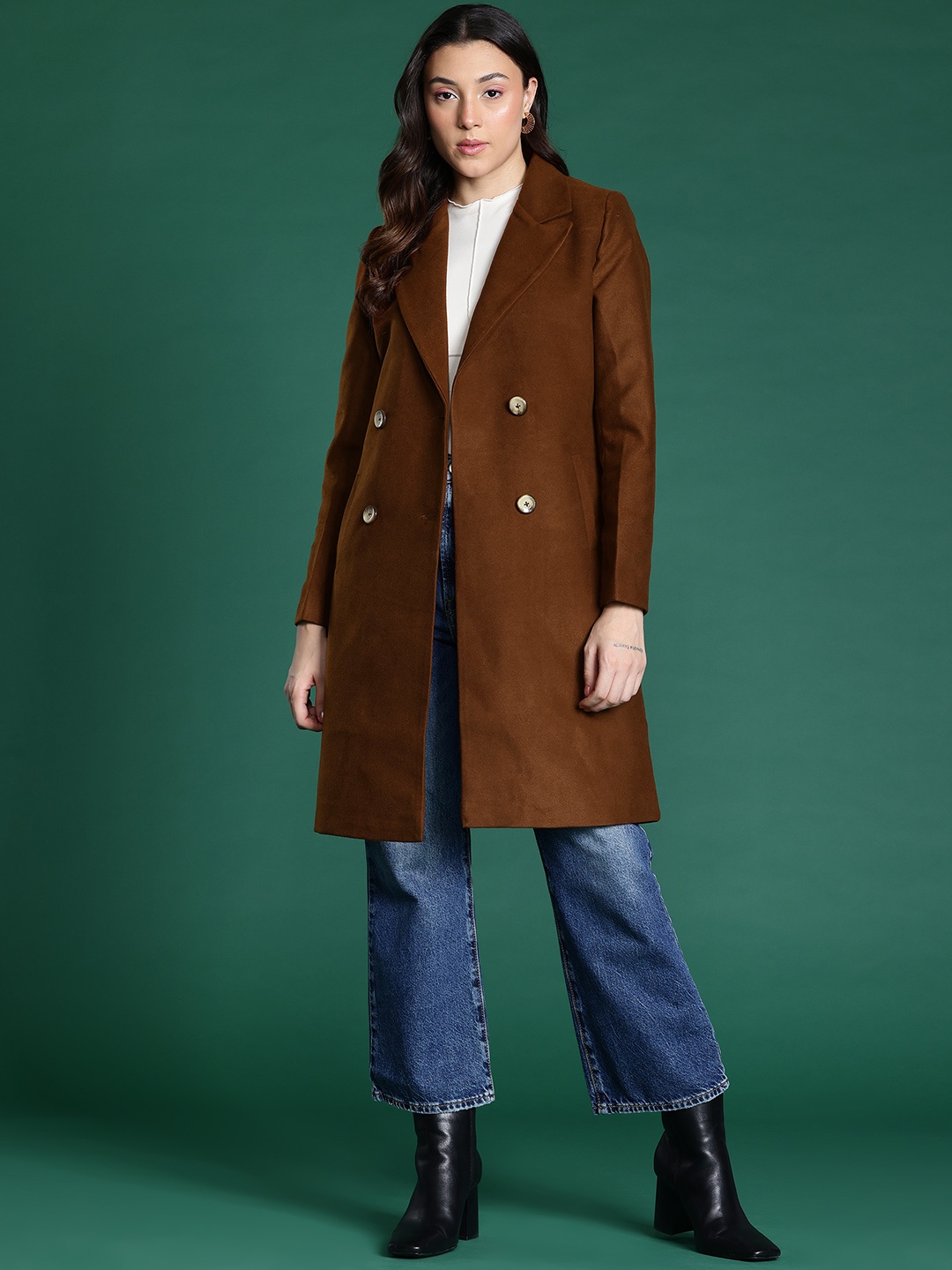

DressBerry Double-Breasted Longline Overcoat, Brown