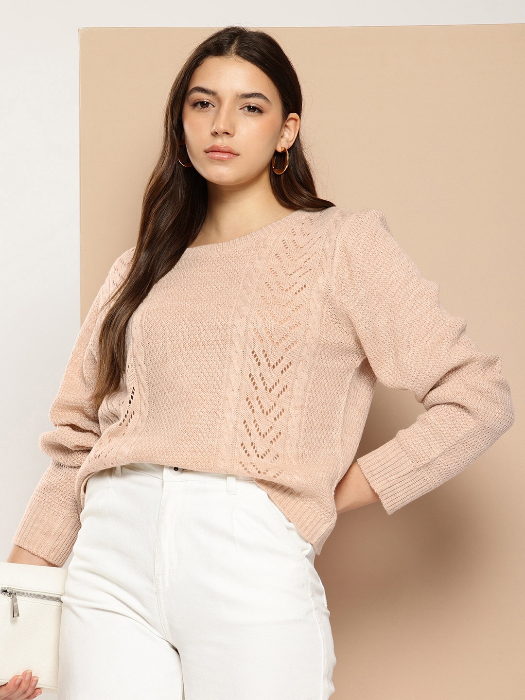 

her by invictus Self Design Open Knit Pullover Sweater, Tan