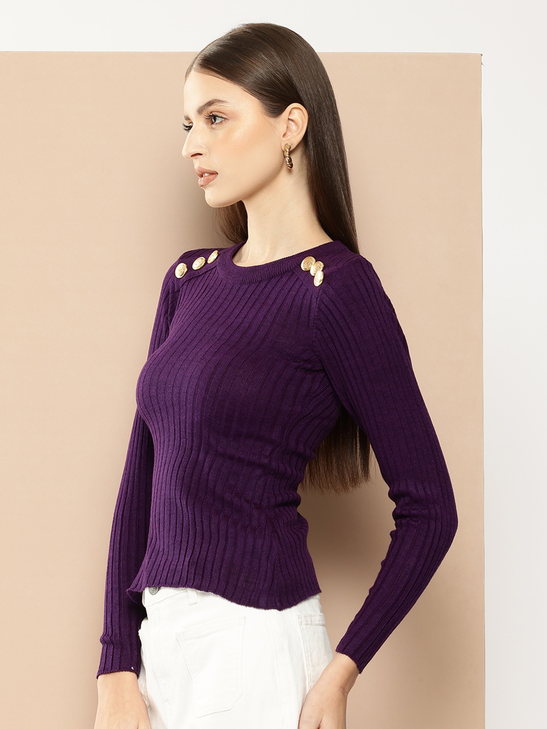 

her by invictus Women Ribbed Acrylic Pullover, Purple