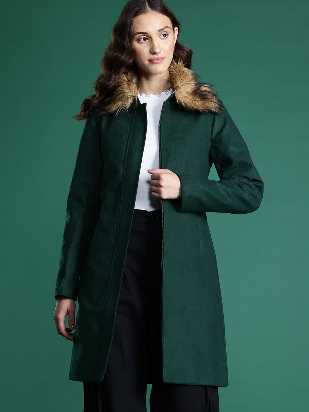 

DressBerry Single-Breasted Faux Fur Trim Longline Parka Coat with Belt, Green