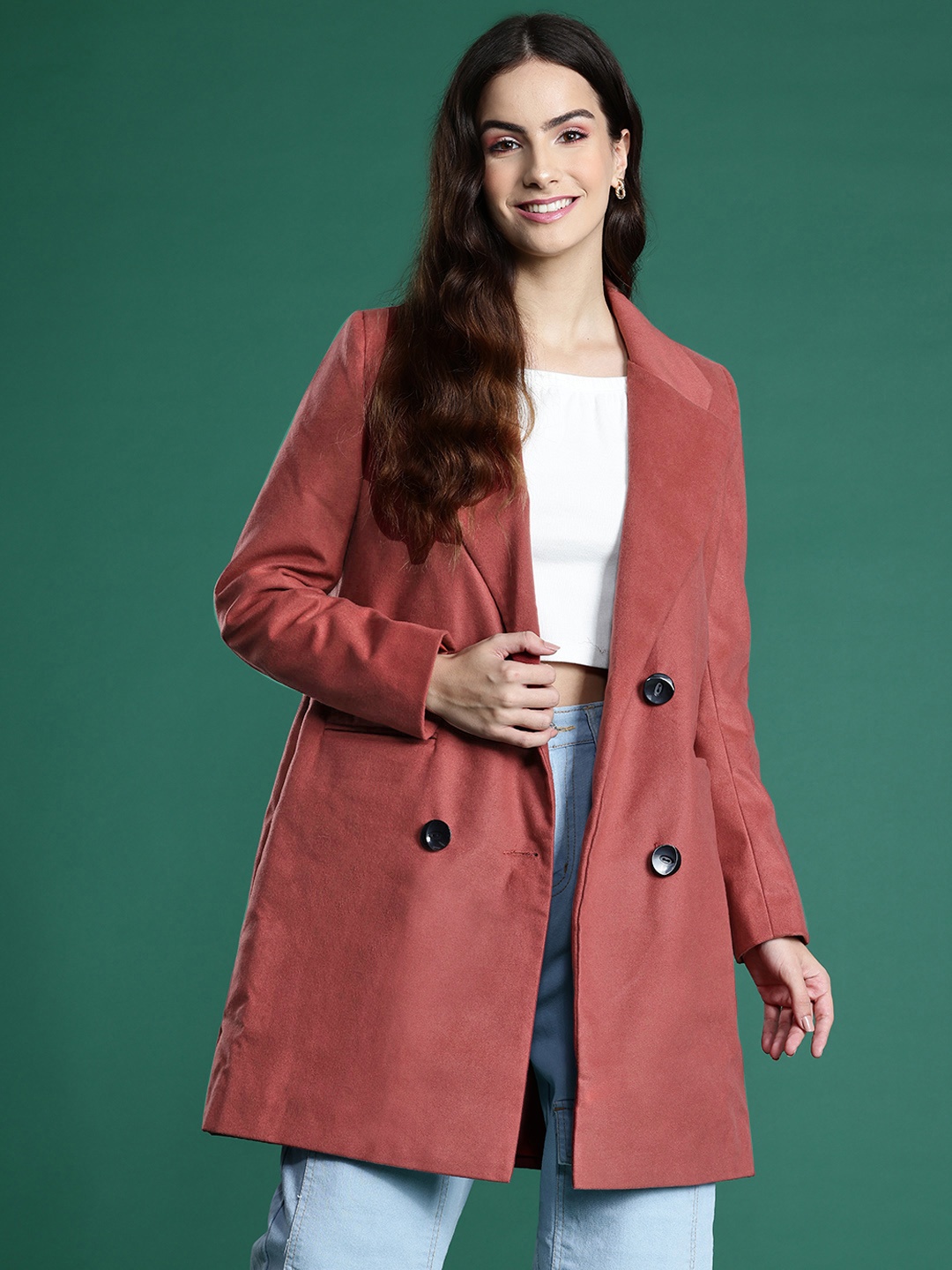 

DressBerry Notched Lapel Collar Longline Overcoat, Rust