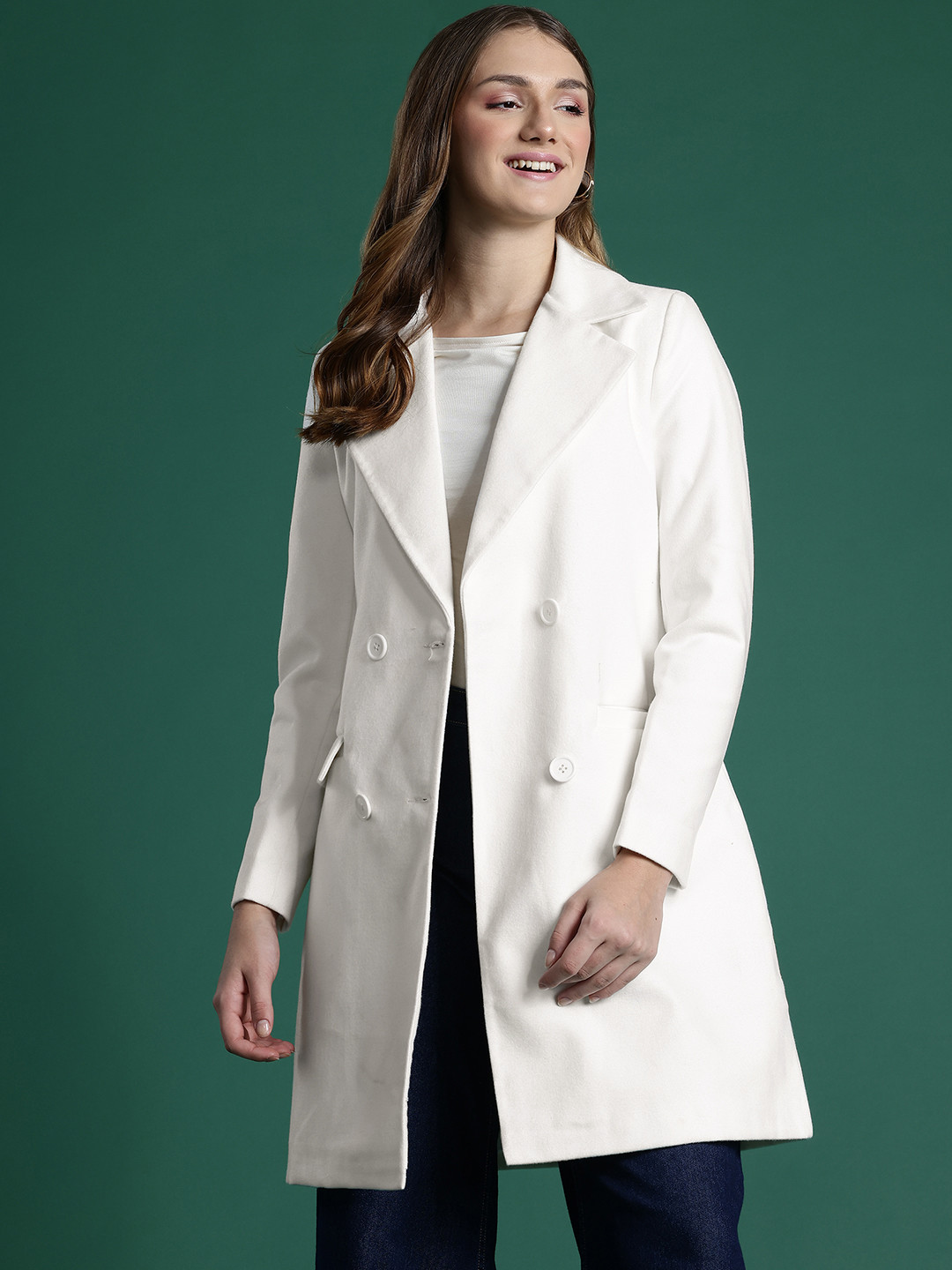 

DressBerry Notched Lapel Collar Overcoat, White