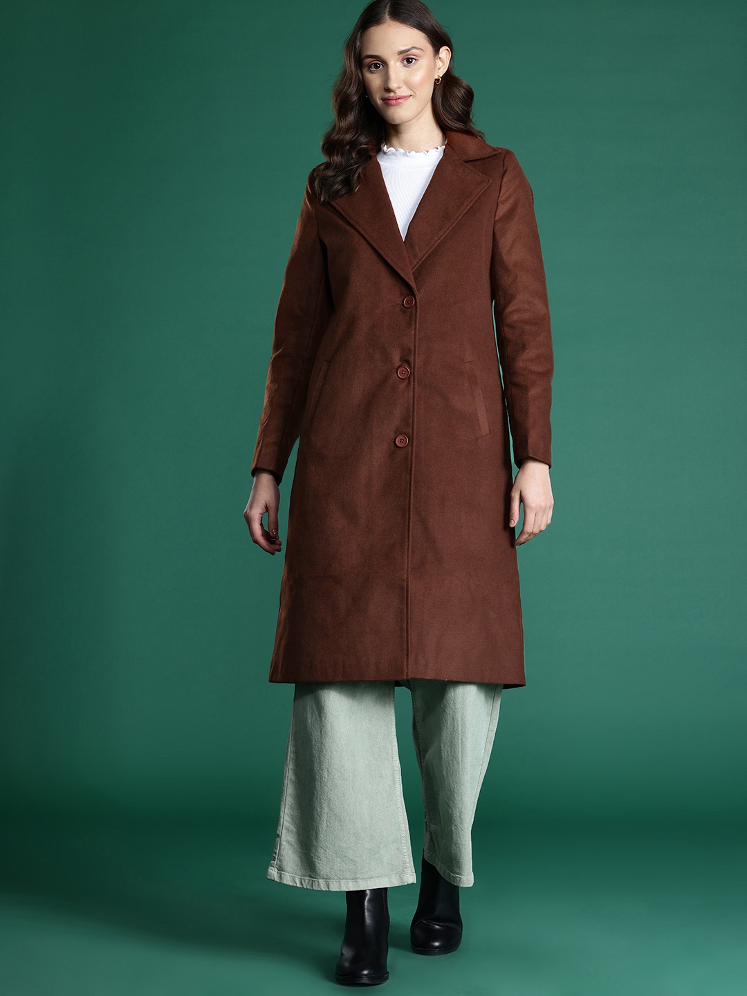 

DressBerry Notched Lapel Collar Longline Overcoat, Coffee brown