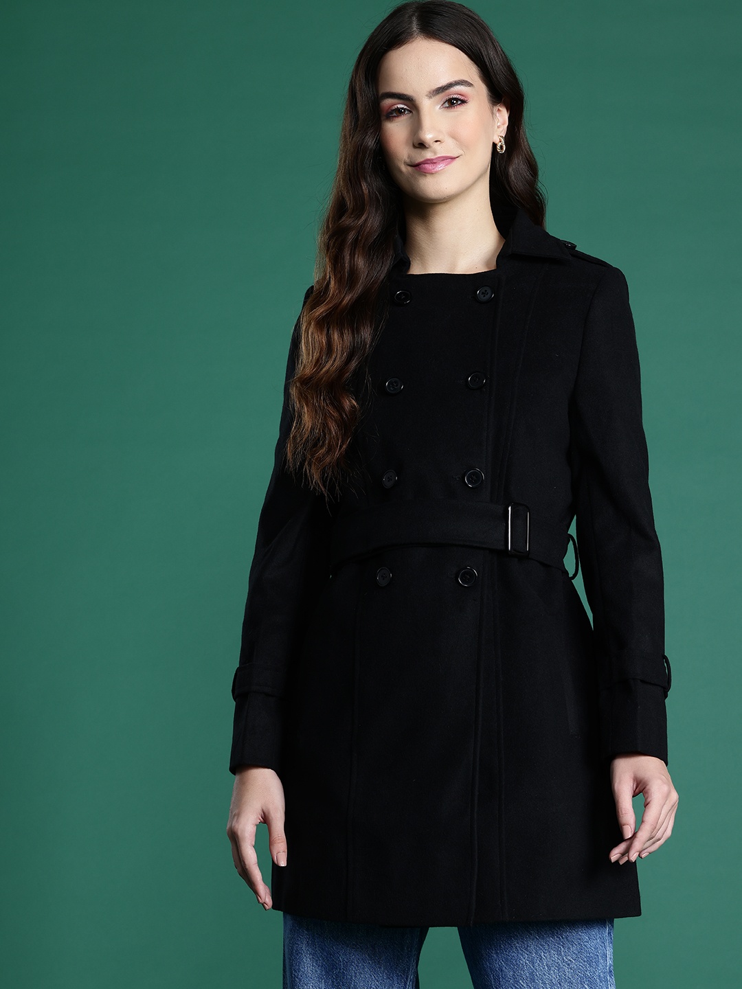 

DressBerry Regular Fit Belted Longline Overcoat, Black