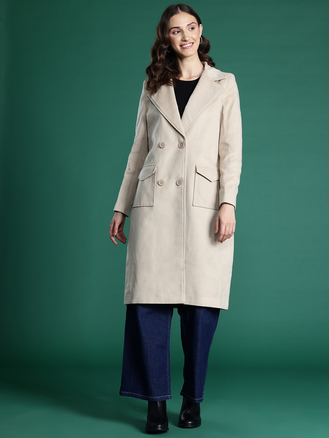 

DressBerry Notched Lapel Collar Longline Overcoat, Beige