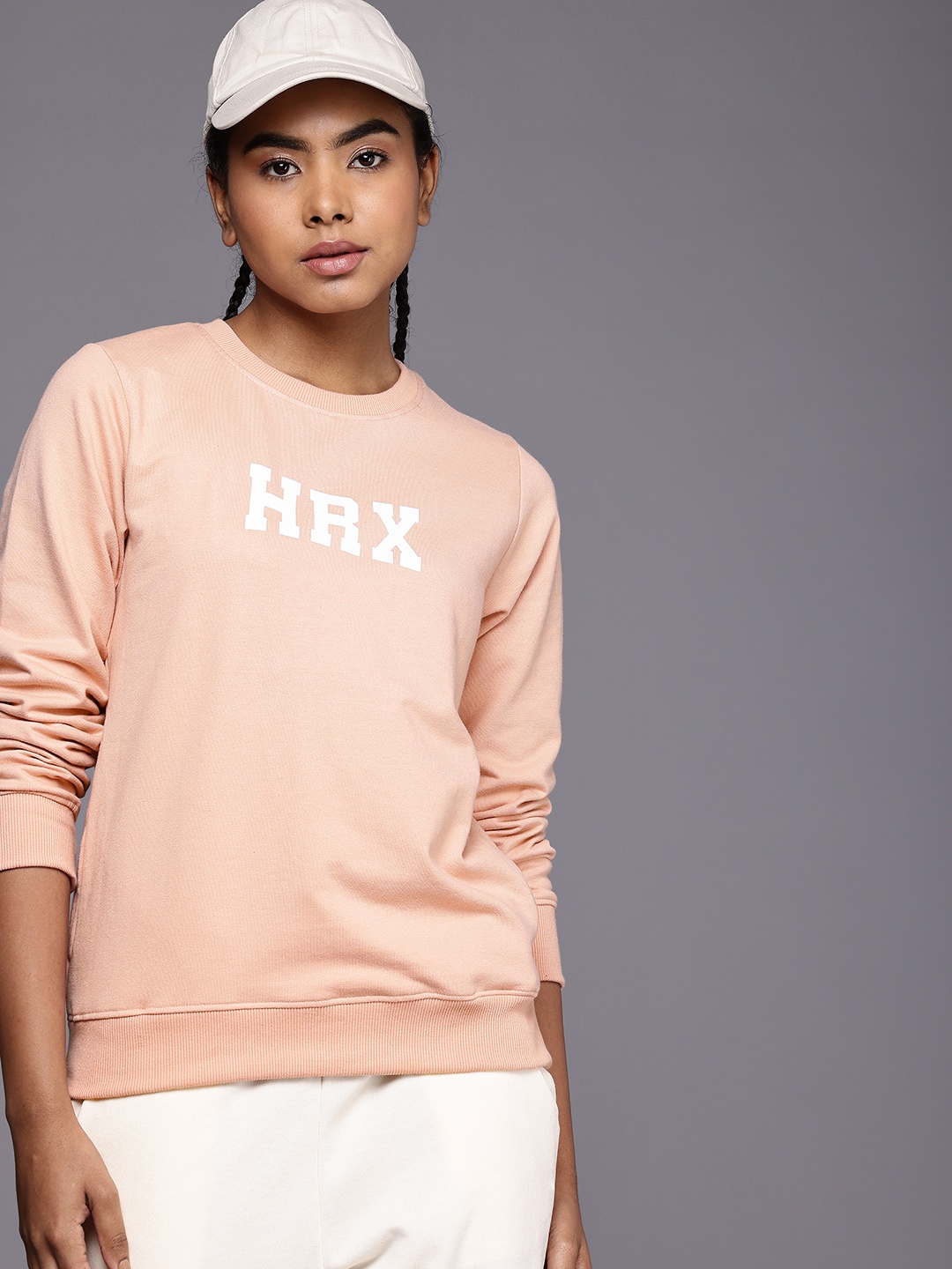 

HRX by Hrithik Roshan Brand Logo Printed Knitted Sweatshirt, Peach