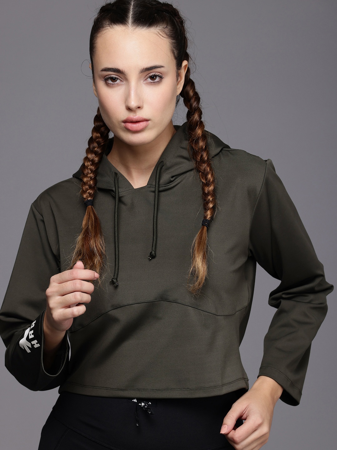 

HRX by Hrithik Roshan Hooded Crop Sweatshirt, Olive