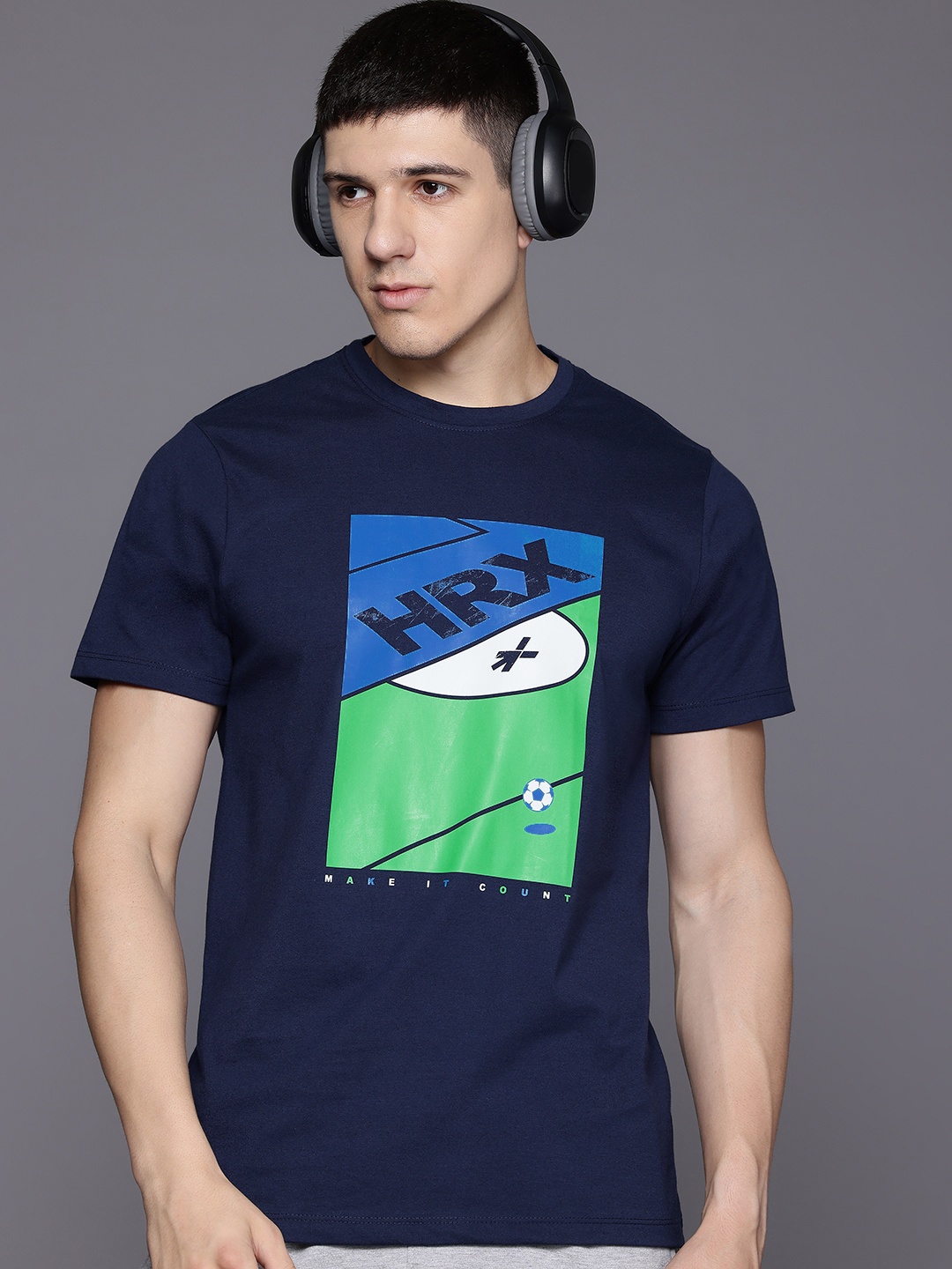 

HRX by Hrithik Roshan Brand Logo Print T-shirt, Navy blue
