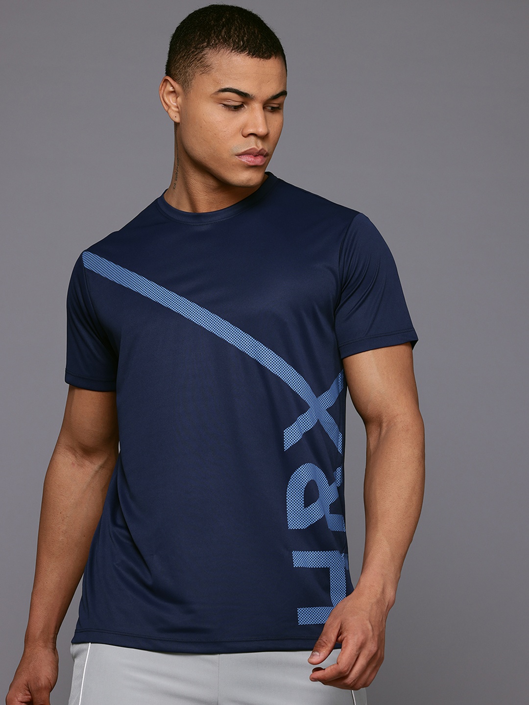 

HRX by Hrithik Roshan Brand Logo Print Rapid-Dry Training T-shirt, Navy blue