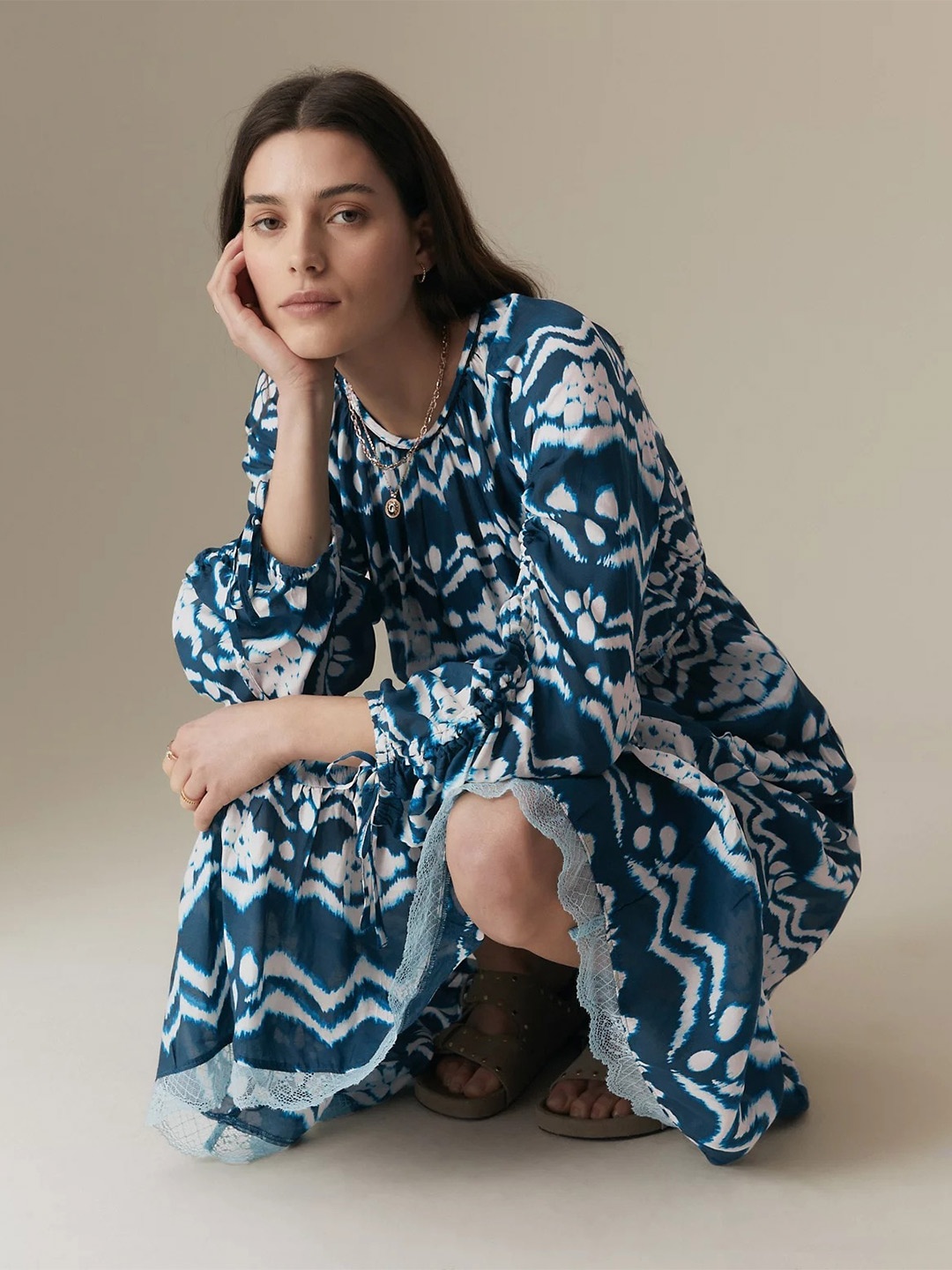 

Marks & Spencer Geometric Printed Puff Sleeves Fit and Flare Midi Dress, Blue