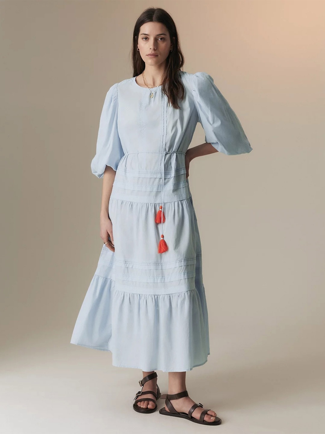

Marks & Spencer Puff Sleeves Pure Cotton A-Line Midi Dress, Blue