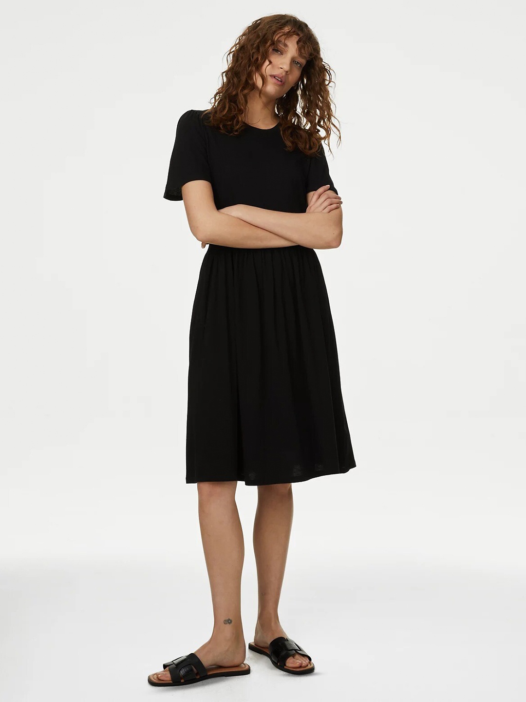 

Marks & Spencer Round Neck Fit & Flare Cotton Midi Dress, Black