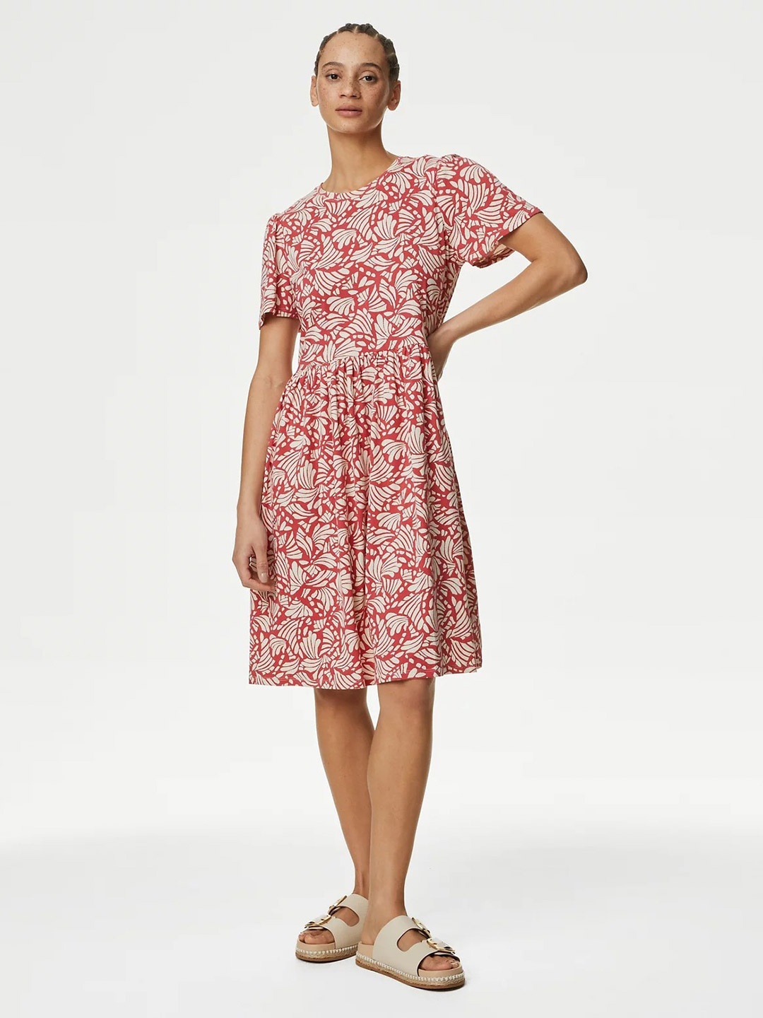 

Marks & Spencer Floral Printed Flared Sleeve Cotton Fit & Flare Dress, Pink