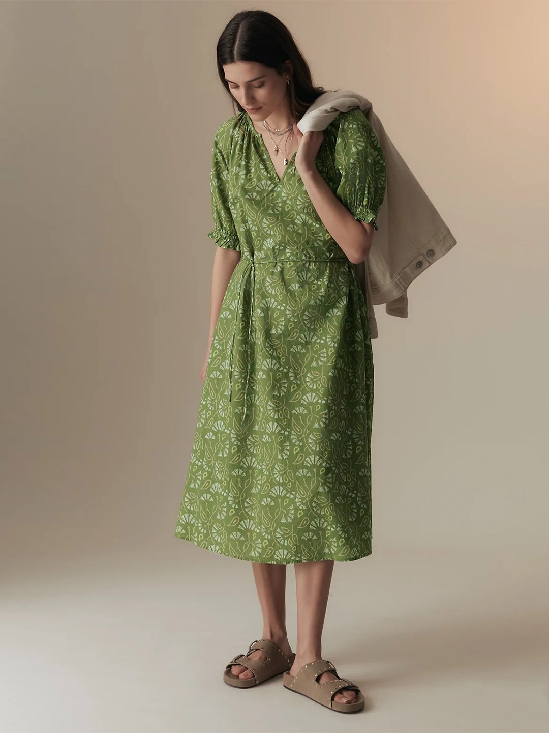 

Marks & Spencer Floral Printed Cotton A-Line Midi Dress, Green