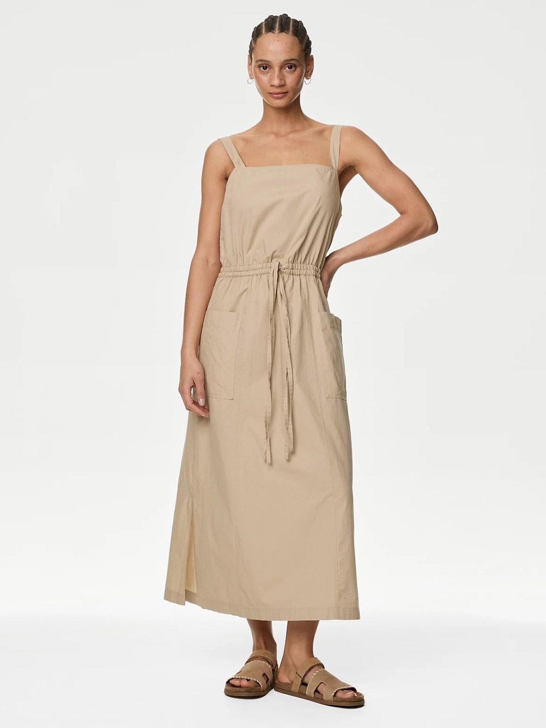 

Marks & Spencer Shoulder Straps Pure Cotton A-Line Midi Dress, Beige