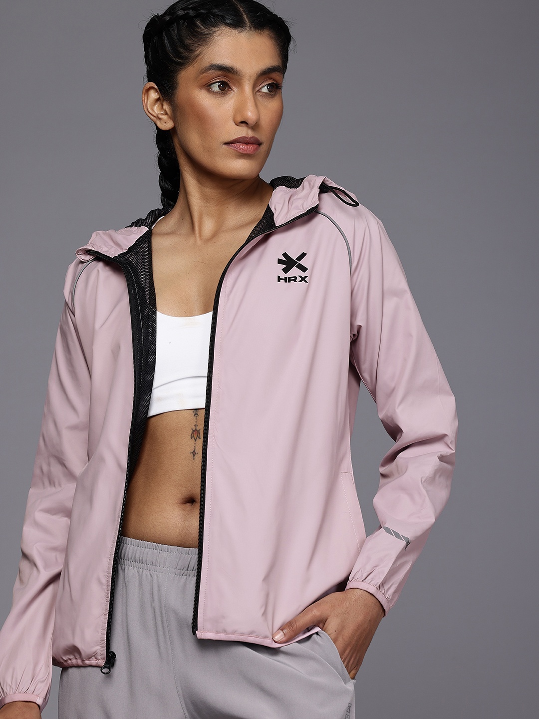 

HRX by Hrithik Roshan Rapid-Dry Antimicrobial Running Hooded Sporty Jacket, Mauve