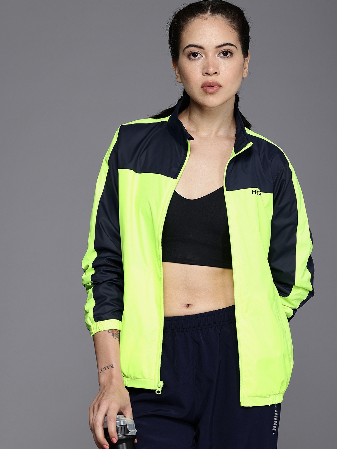 

HRX by Hrithik Roshan Rapid Dry Antimicrobial Finish Colourblocked Running Bomber Jacket, Fluorescent green