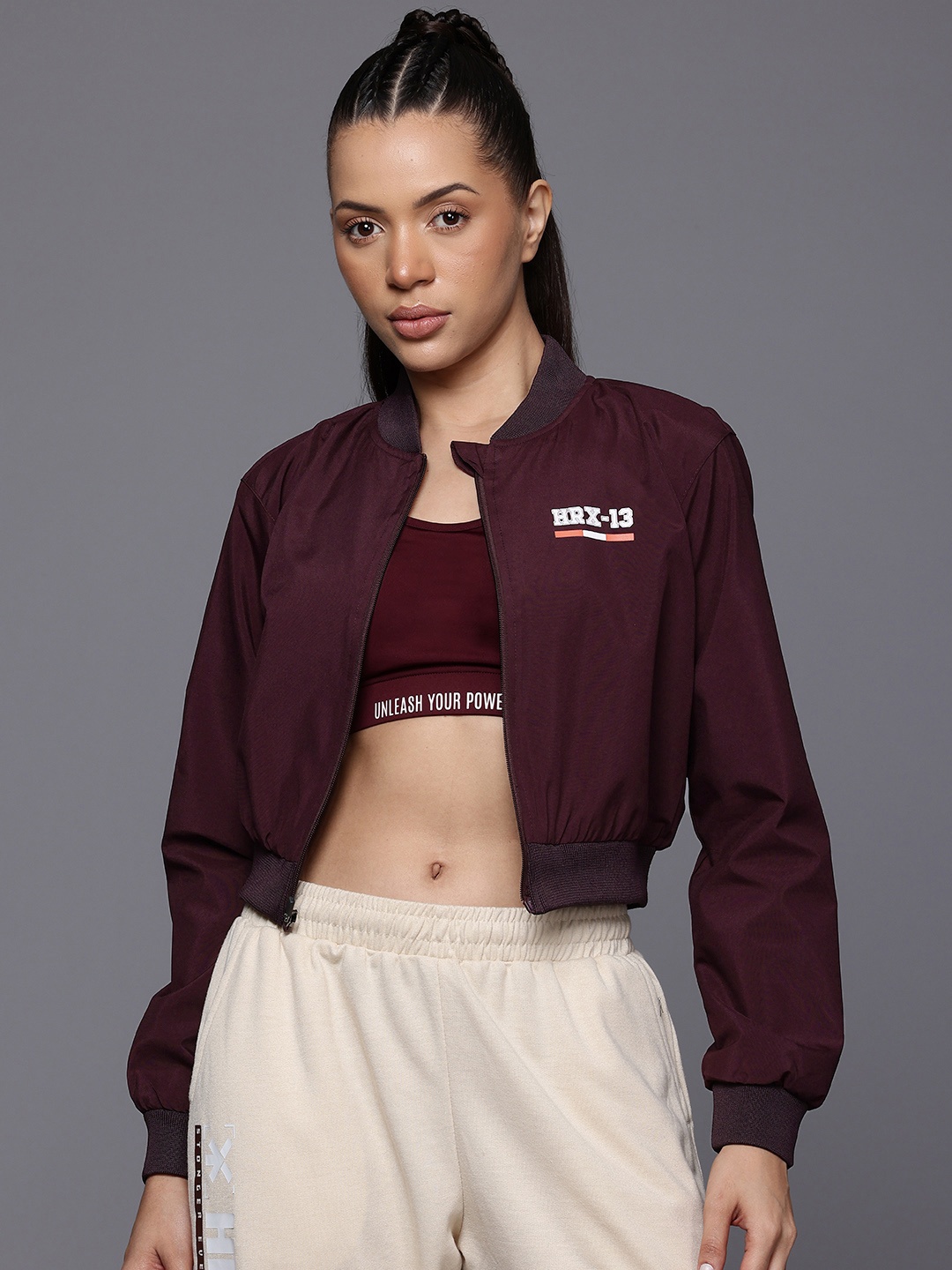 

HRX by Hrithik Roshan Crop Bomber Jacket, Burgundy