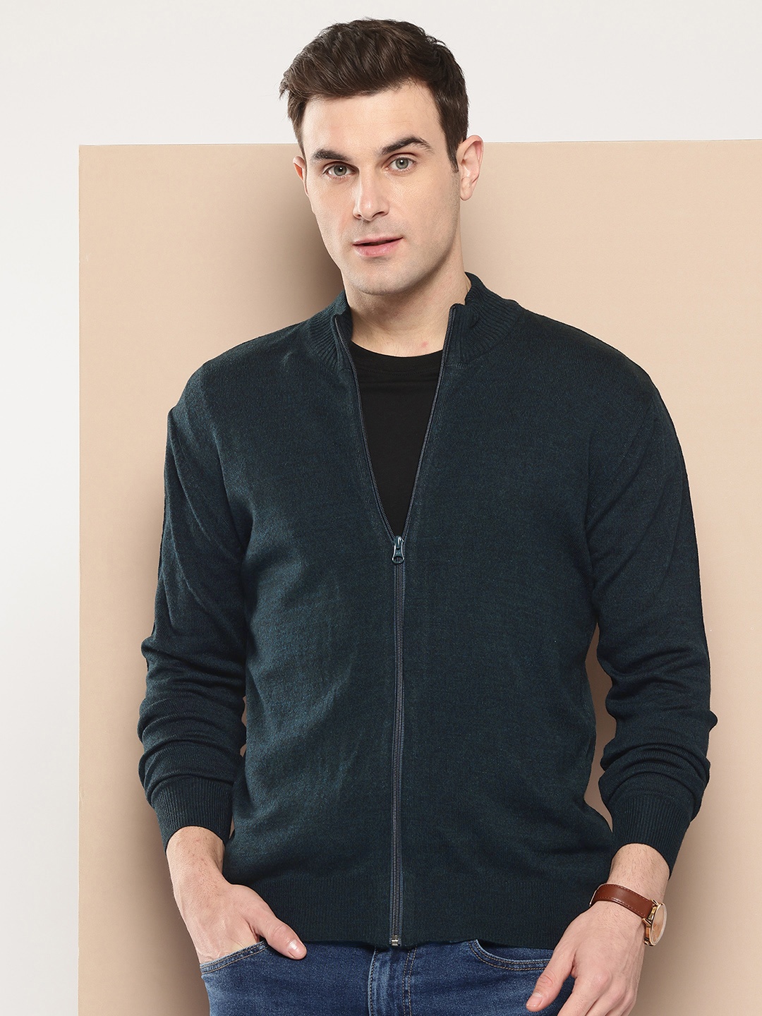 

INVICTUS Mock Collar Acrylic Zip-Up Cardigan, Green