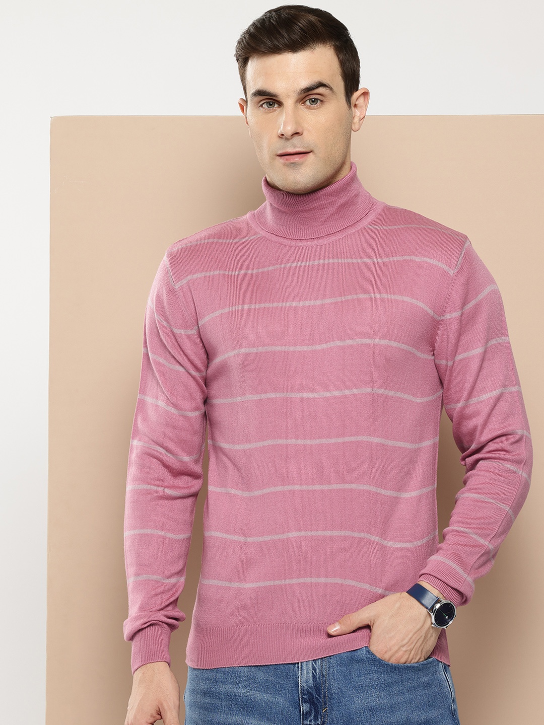 

INVICTUS Turtleneck Striped Pullover, Pink