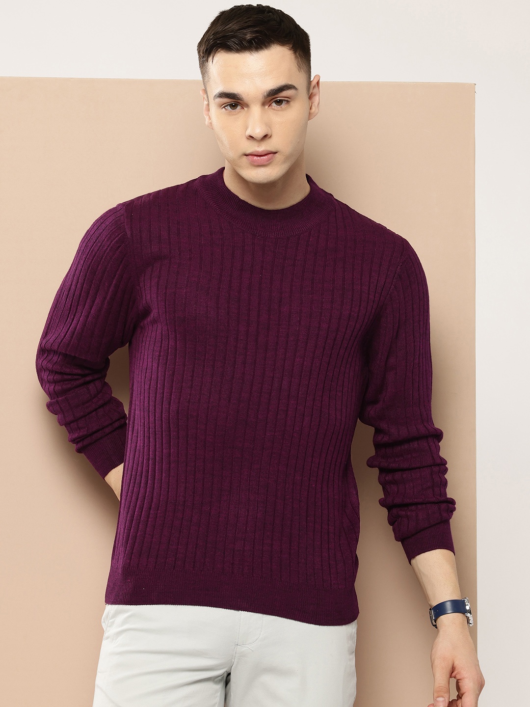 

INVICTUS Ribbed Round-Neck Acrylic Pullover, Maroon