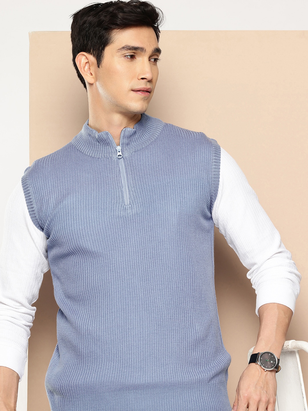 

INVICTUS Ribbed High Neck Sweater Vest, Blue