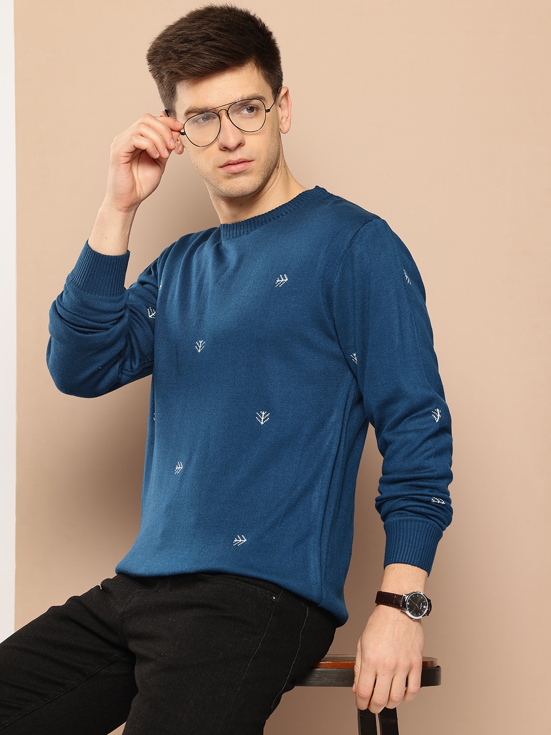 

INVICTUS Geometric Self-Design Acrylic Pullover, Blue