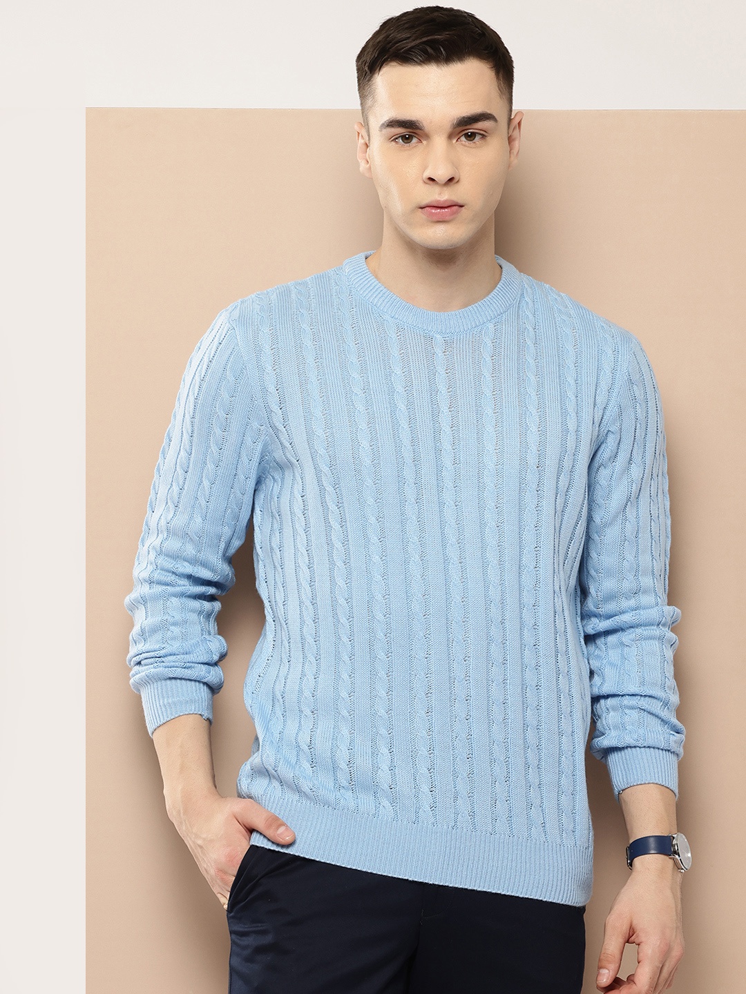 

INVICTUS Cable Knit Round-Neck Acrylic Pullover, Blue
