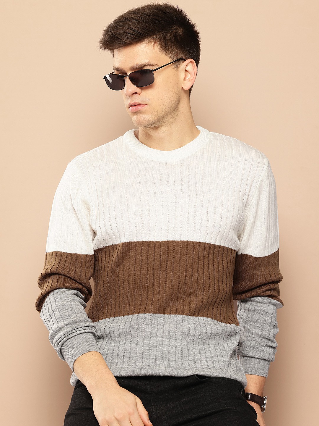 

INVICTUS Colorblocked Acrylic Ribbed Pullover, White
