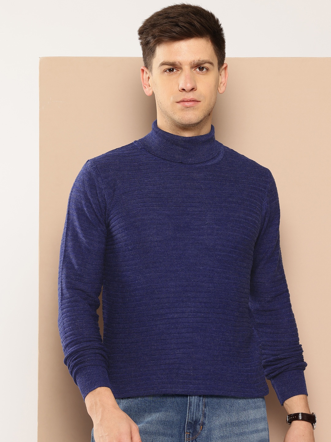 

INVICTUS Horizontally Self-Striped Turtle Neck Acrylic Pullover, Navy blue