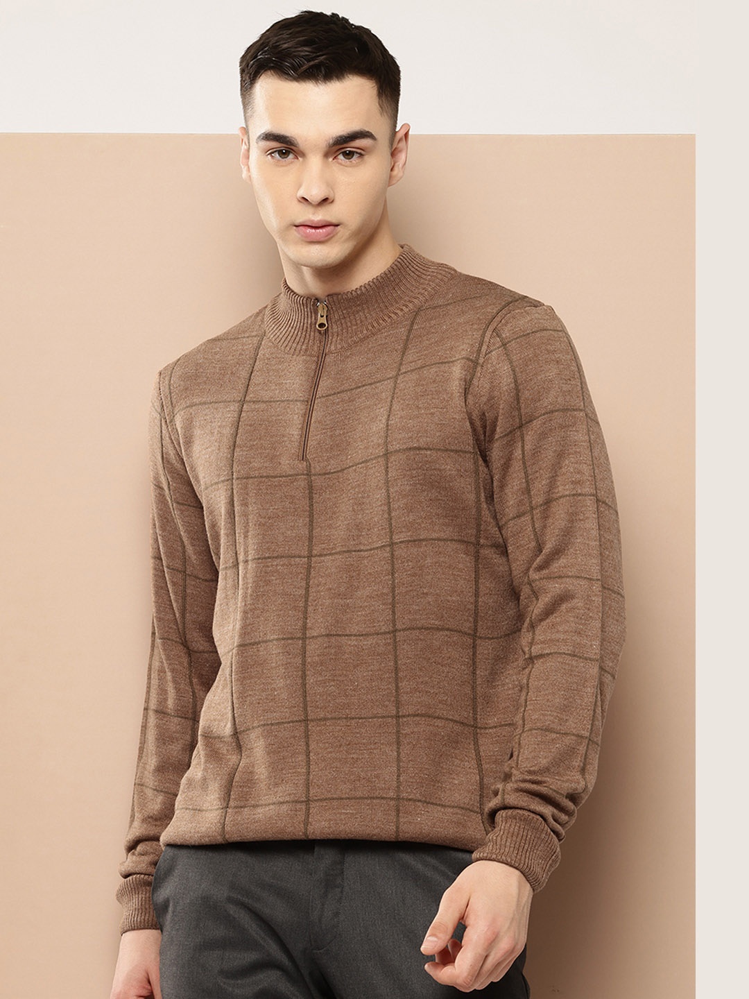 

INVICTUS Men Checked Acrylic Pullover, Brown
