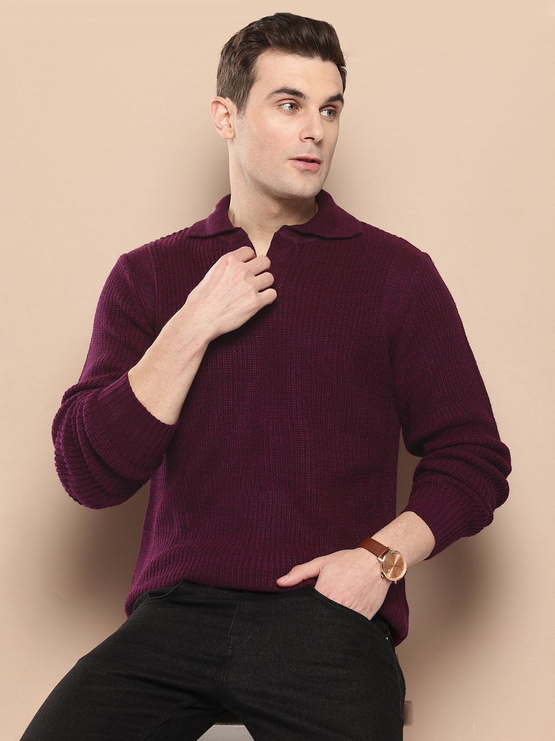 

INVICTUS Cable Knitted Polo Collar Acrylic Pullover, Maroon