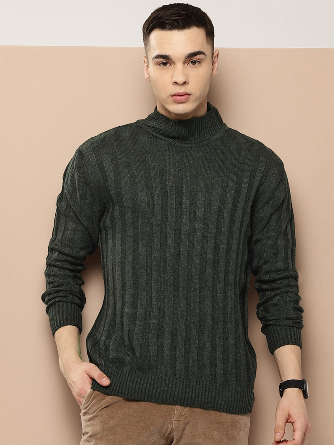 

INVICTUS Men Ribbed Acrylic Pullover, Black