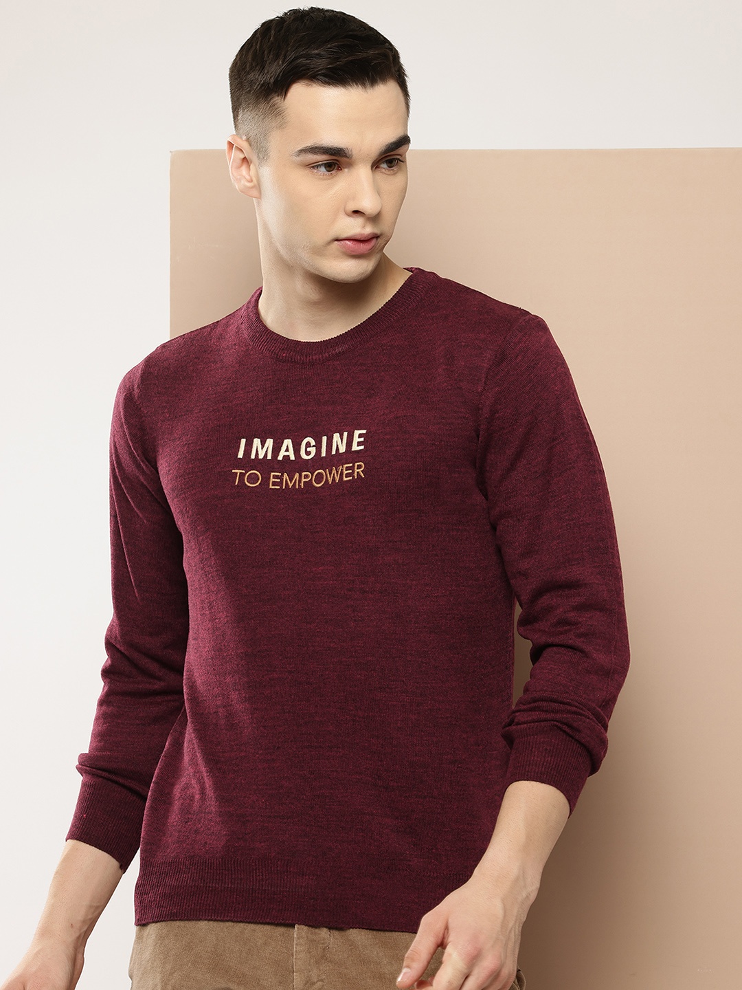 

INVICTUS Men Typography Acrylic Pullover, Burgundy