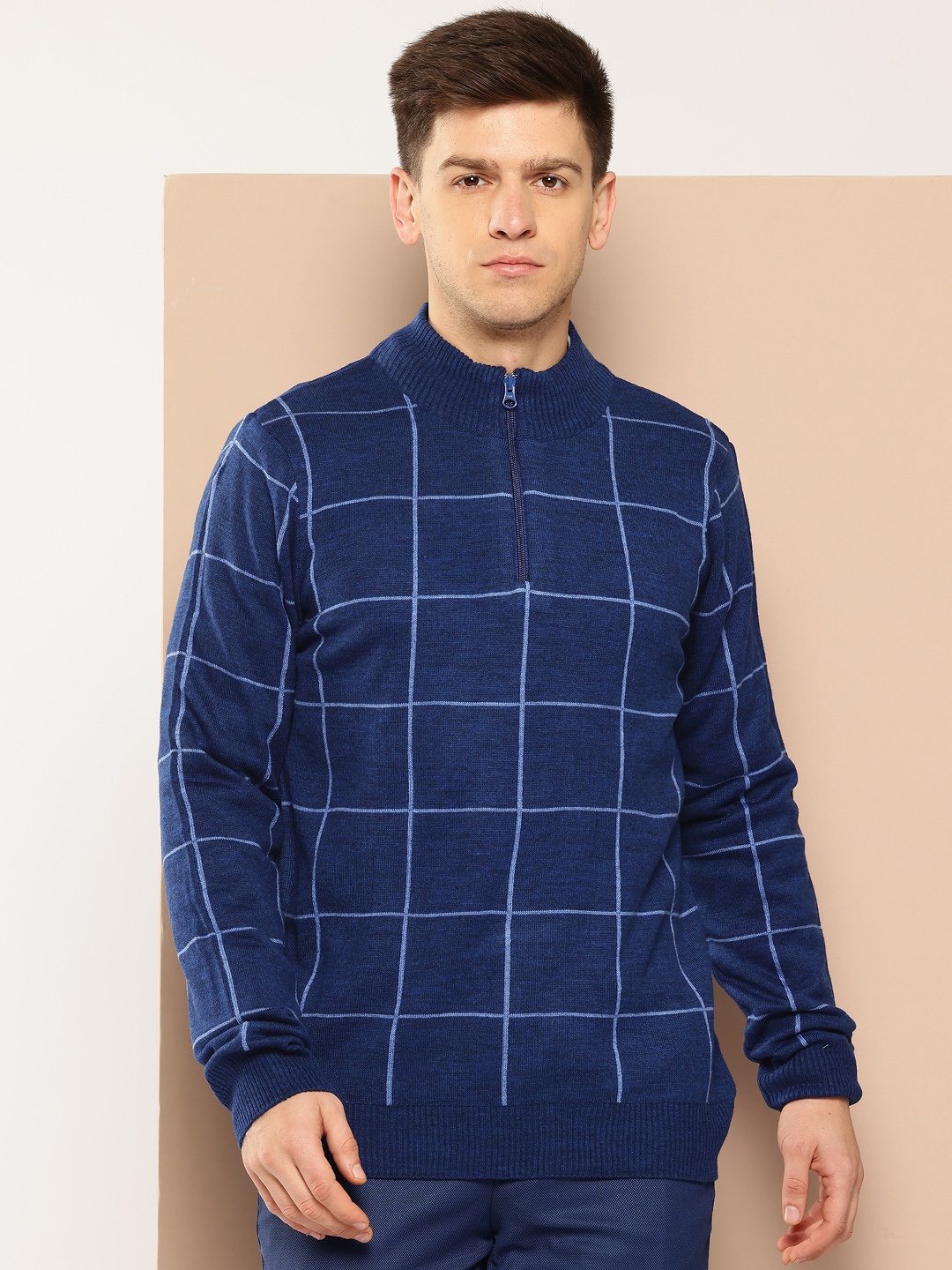 

INVICTUS Self-Checked Mock Collar Acrylic Pullover, Blue