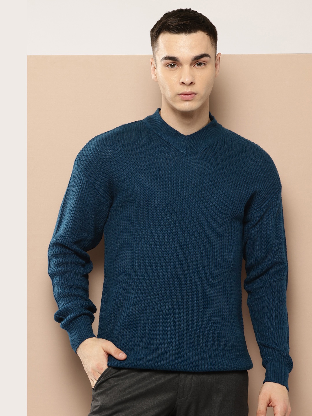

INVICTUS Cable Knit Drop-Shoulder Sleeves Acrylic Pullover, Navy blue