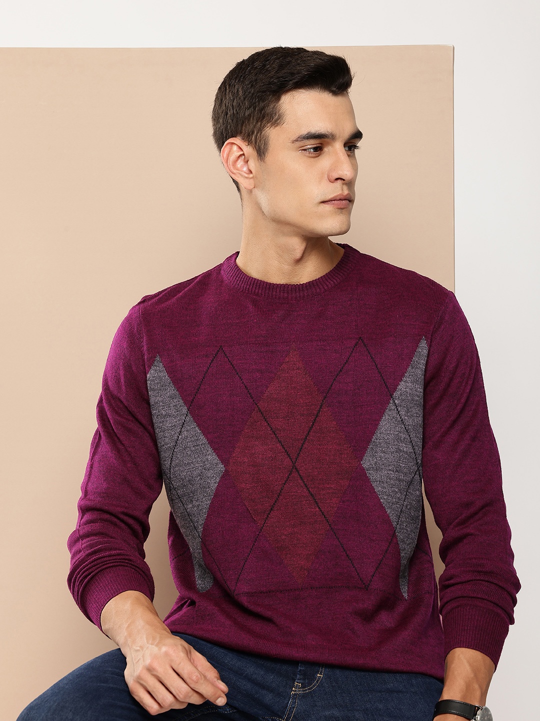 

INVICTUS Geometric Self Designed Pure Acrylic Pullover, Purple