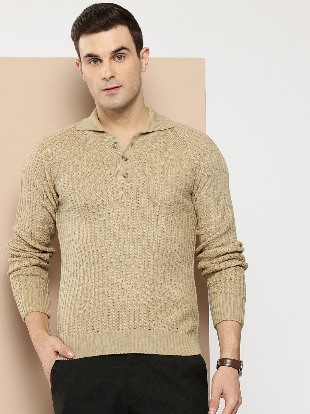 

INVICTUS Men Striped Acrylic Pullover, Beige