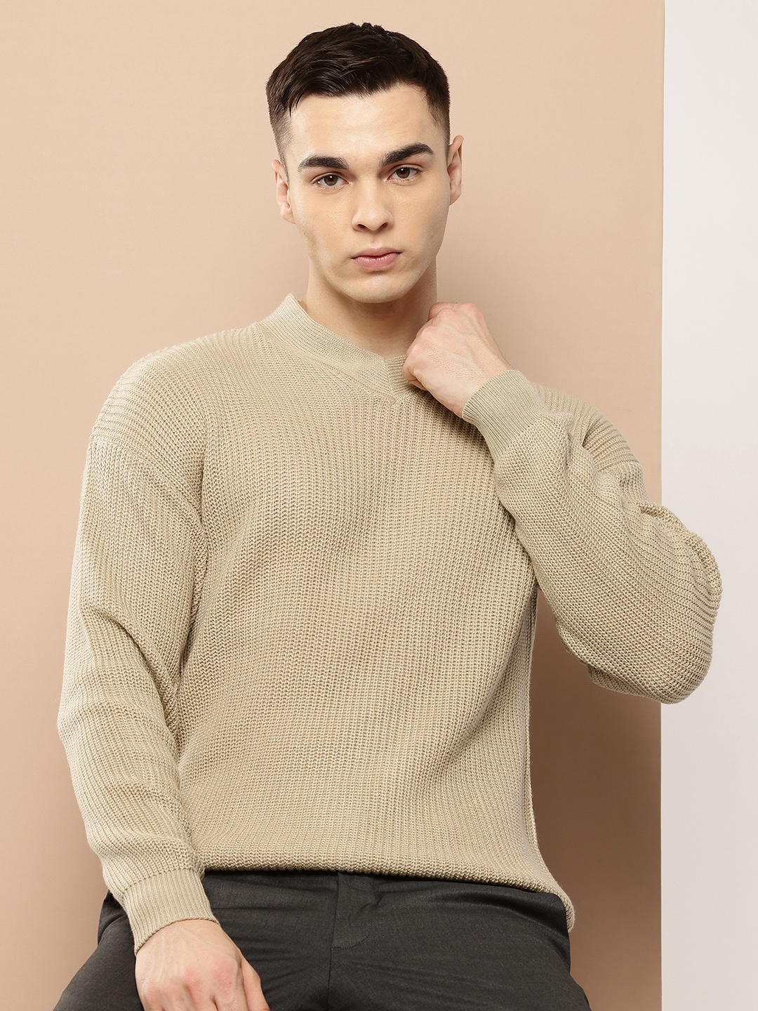 

INVICTUS Cable Knit Drop-Shoulder Sleeves Acrylic Pullover, Beige