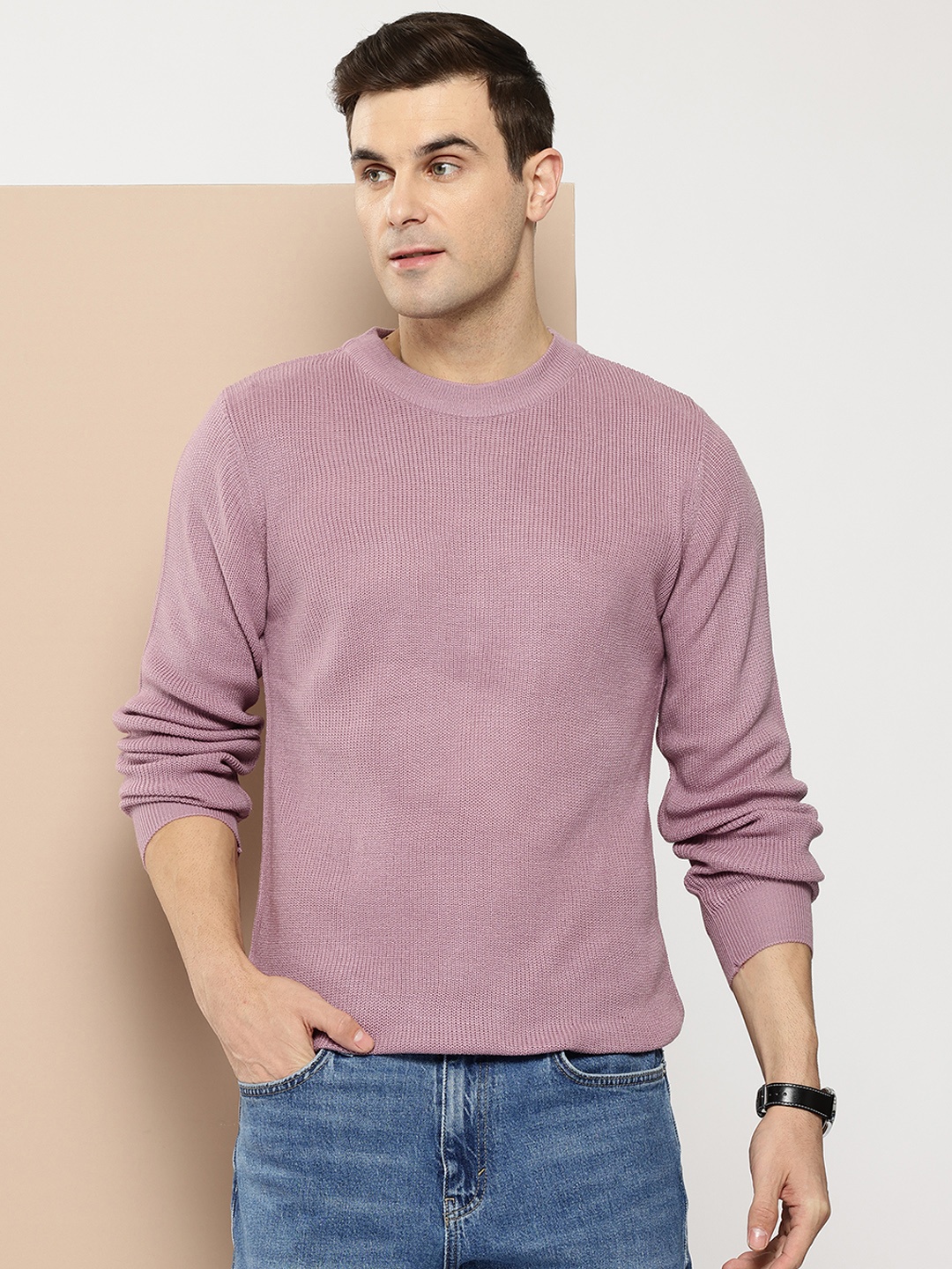 

INVICTUS Men Ribbed Acrylic Pullover, Mauve