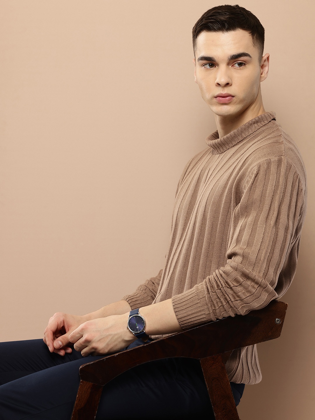 

INVICTUS Men Ribbed Acrylic Pullover, Brown