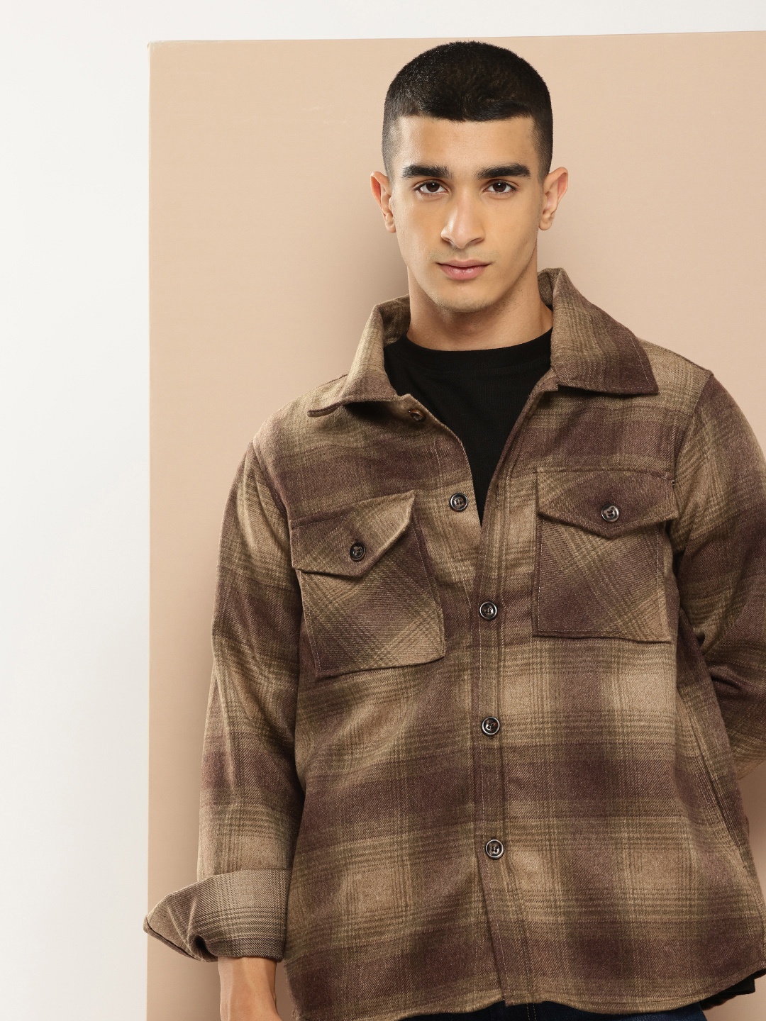 

INVICTUS Long Sleeves Checked Regular Shacket, Olive