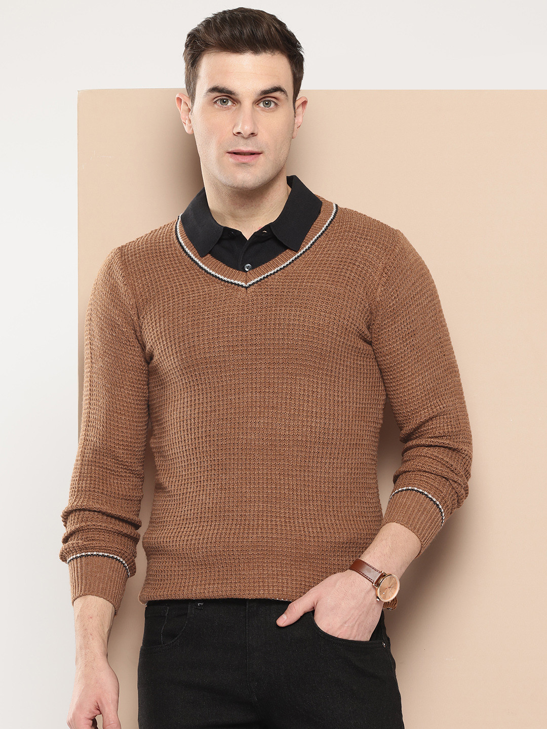 

INVICTUS Cable Knitted V-Neck Acrylic Pullover, Brown