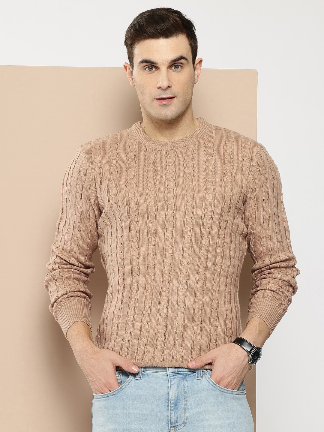 

INVICTUS Men Cable Knit Acrylic Pullover, Beige
