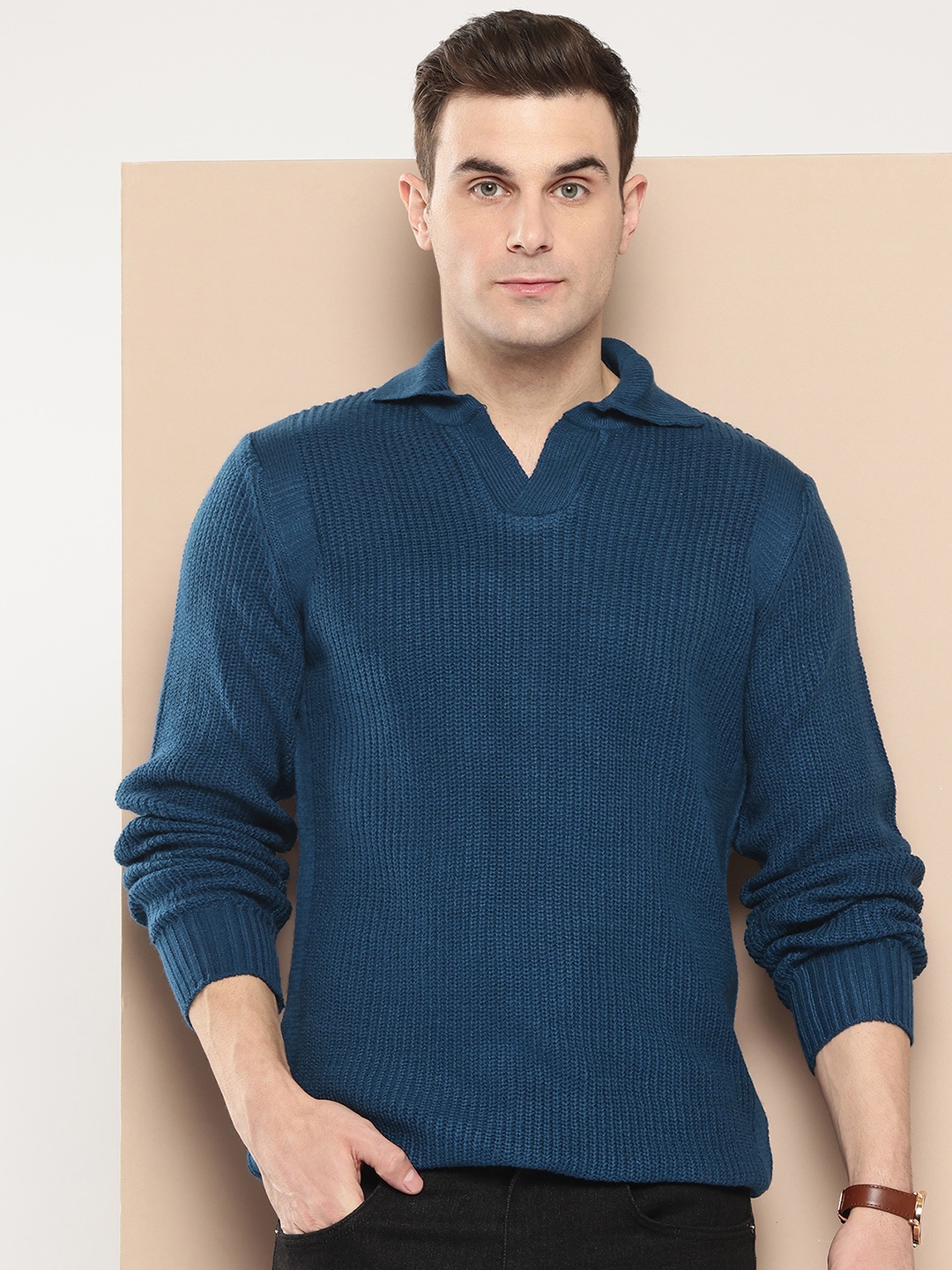 

INVICTUS Cable Knitted Polo Collar Acrylic Pullover, Teal
