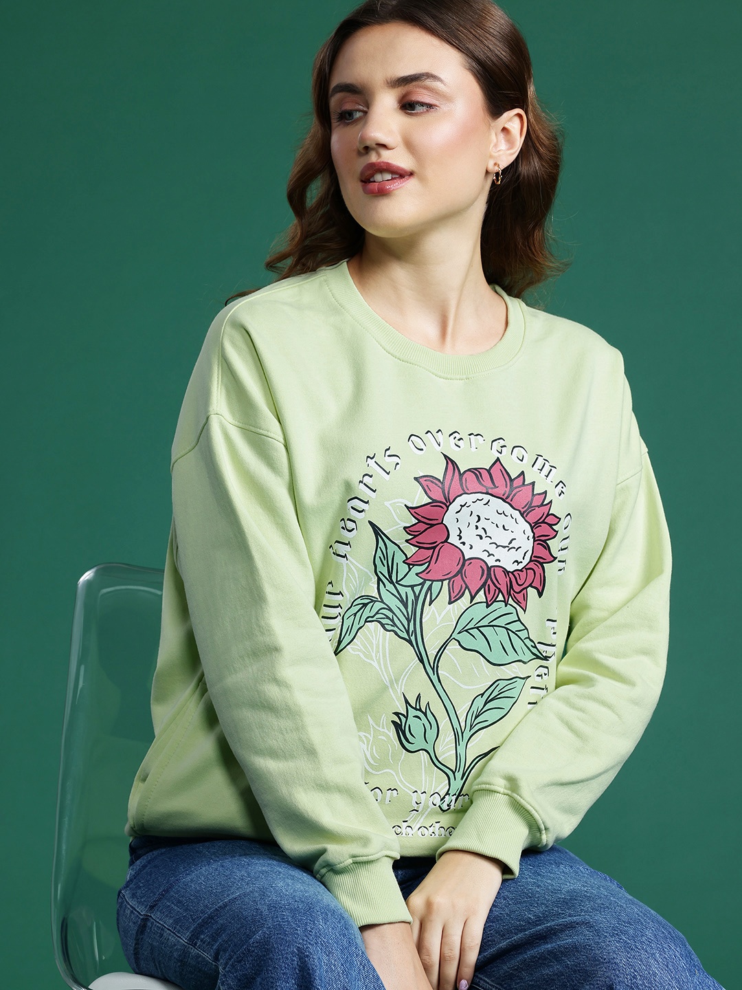 

DressBerry Printed Drop-Shoulder Sleeves Sweatshirt, Green