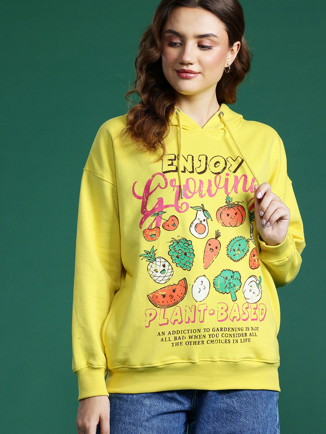 

DressBerry Printed Hooded Drop-Shoulder Sleeves Sweatshirt, Yellow