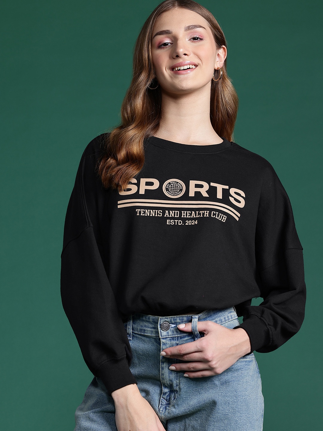

DressBerry Printed Cinched Waist Sweatshirt, Black