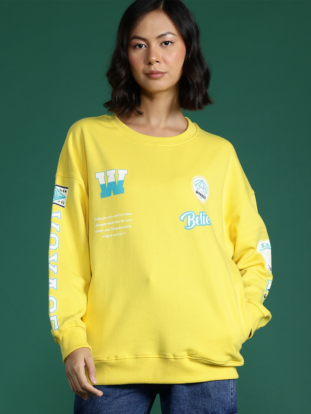 

DressBerry Typography Printed Drop-Shoulder Sleeve Sweatshirt, Yellow